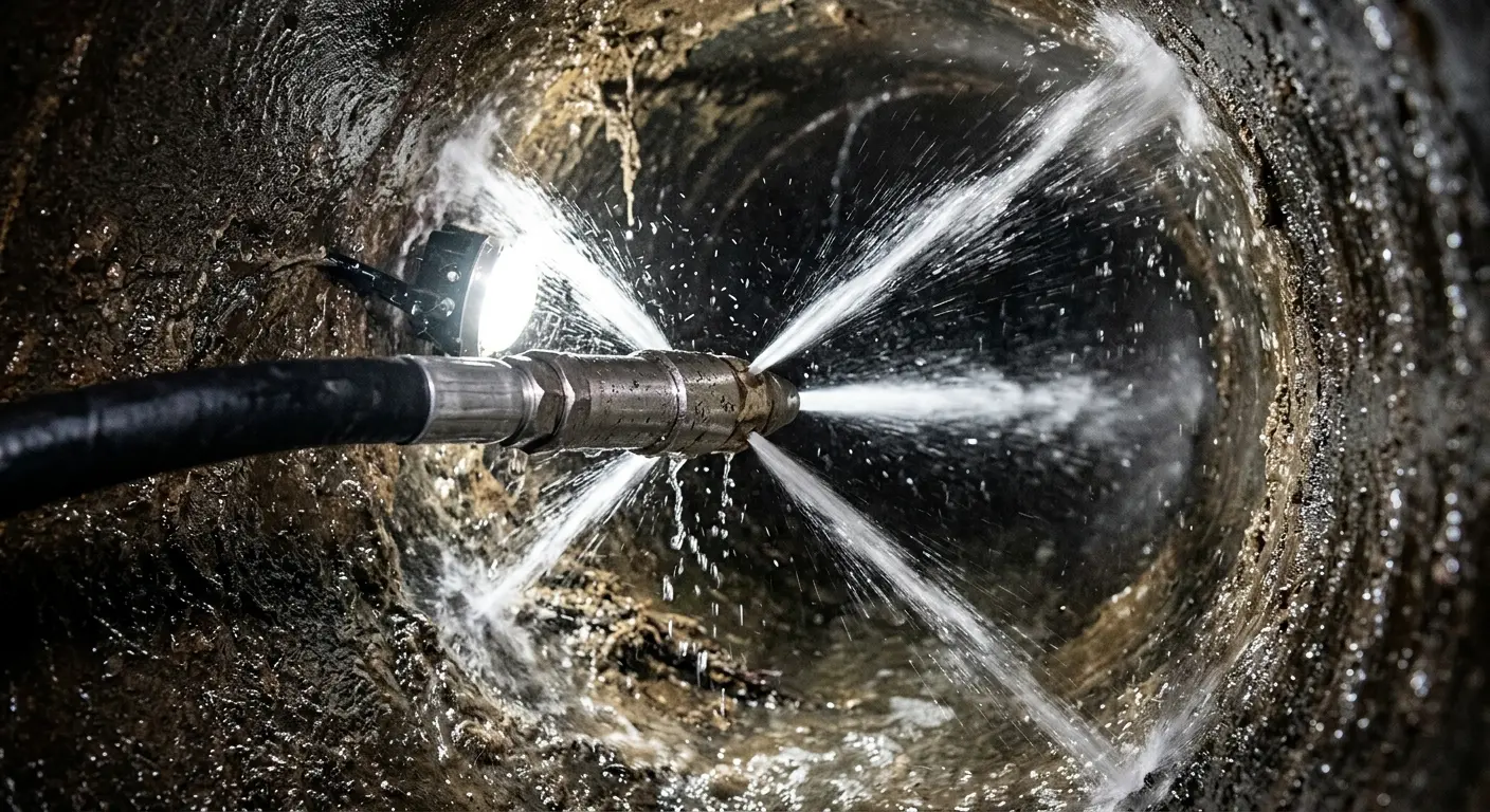 High-pressure hydro jetting nozzle cleaning sewer pipe for Sewer Cleanout in Ash
