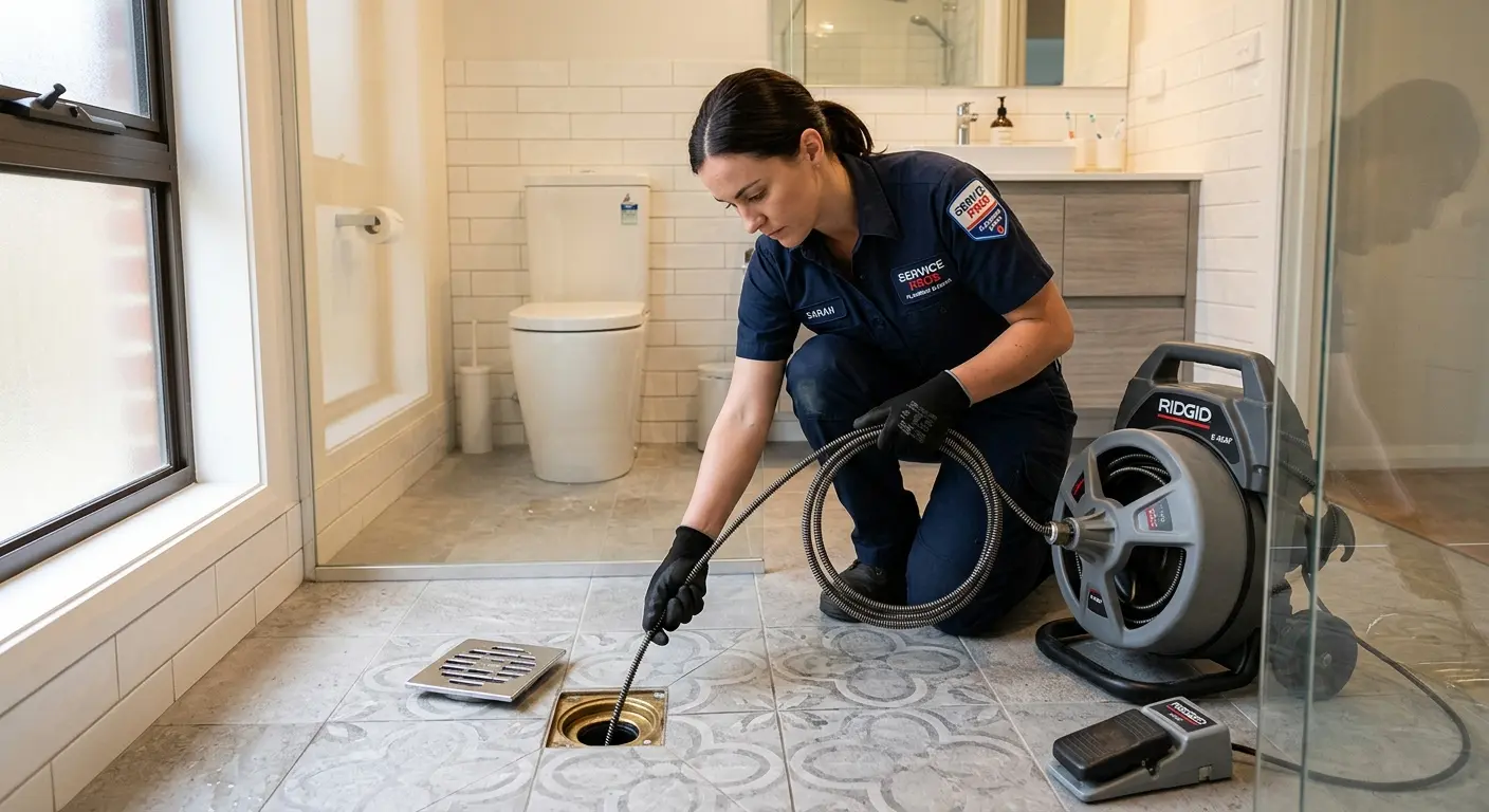 Technician clearing a bathroom floor drain for Drain Repair in Ash